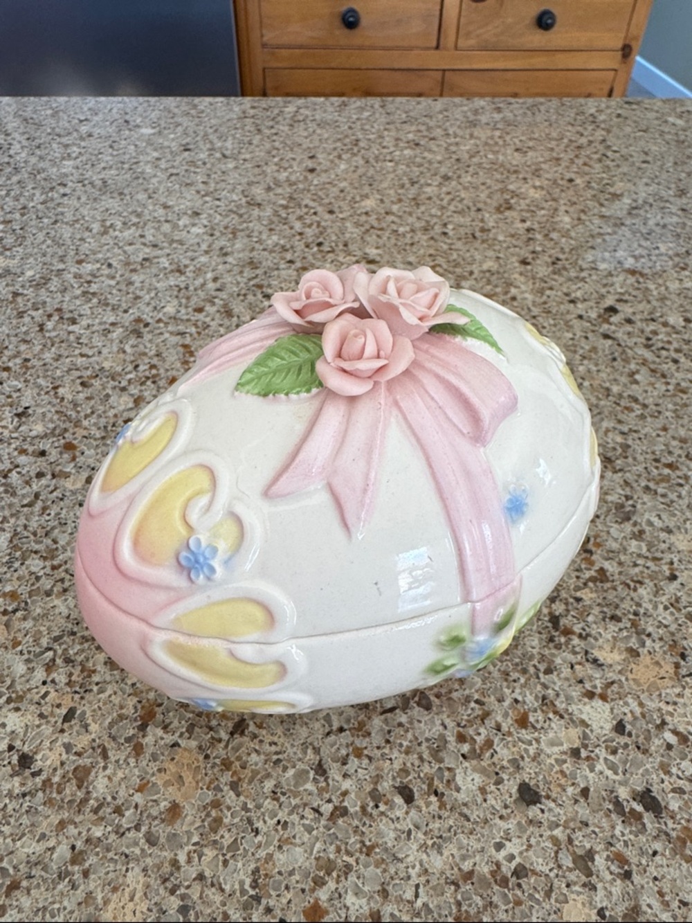 Vintage Lefton Decorative Ceramic Floral Egg Trinket Box - Pink and White